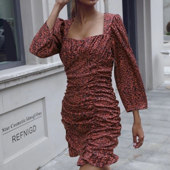 New Zara Leopard Print Ruched Ruffle Mini Dress - Picture 1 of 13